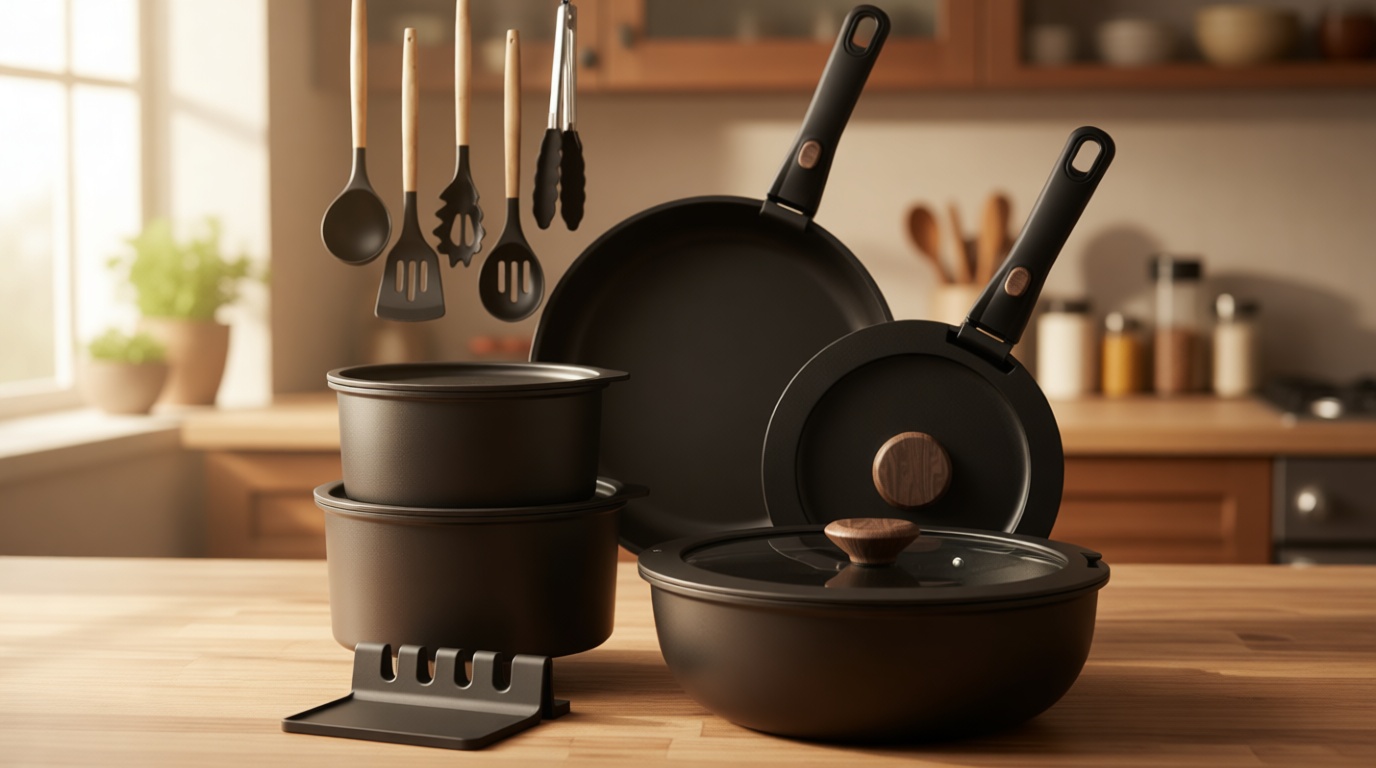 Astercook Non Stick RV Pots and Pans Ceramic Kitchen Cookware Set with Detachable/Removable Handle, Oven Safe, Induction Ready, Stackable, Black, 21 pcs