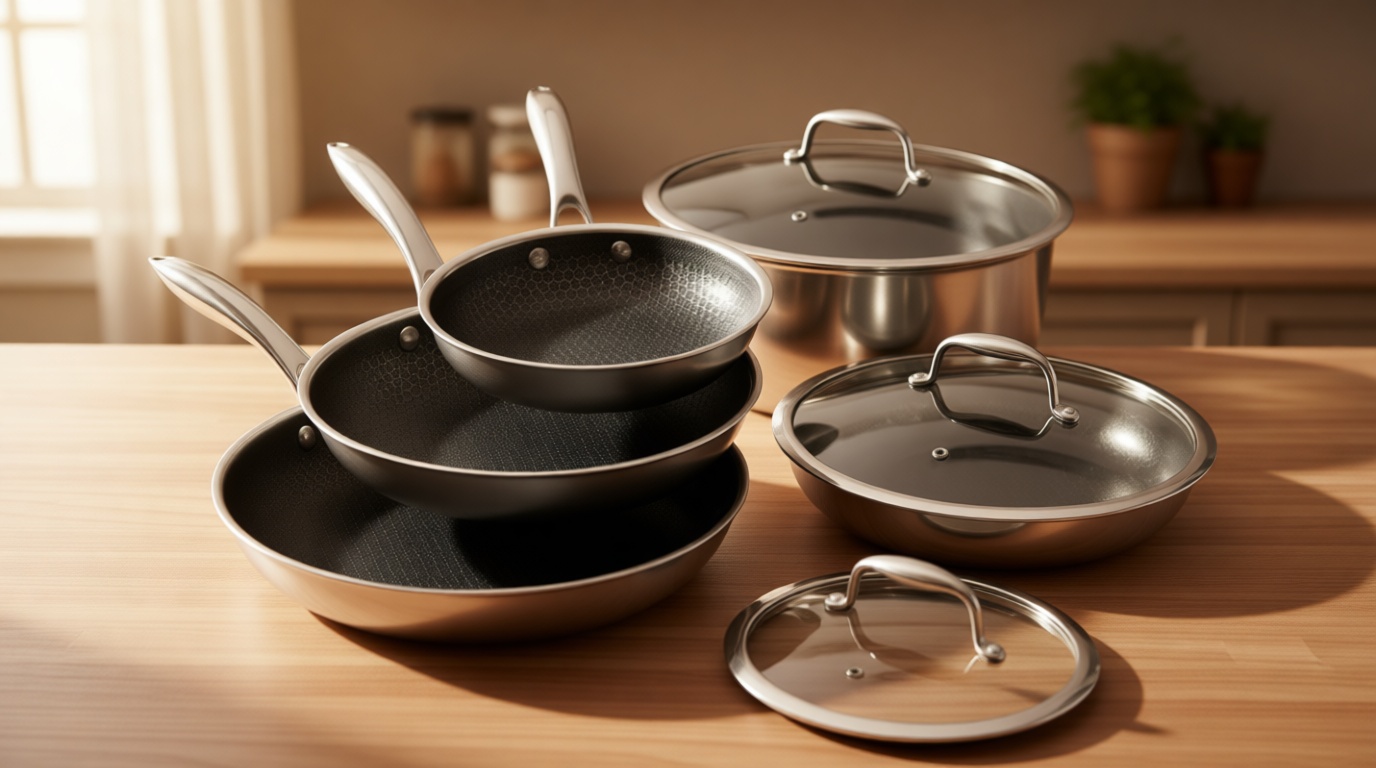 HexClad Hybrid Nonstick 6-Piece Frying Pan Set, 8, 10 and 12-Inch Frying Pans with Tempered Glass Lids, Stay-Cool Handles, Dishwasher and Oven Safe, Induction Ready, Compatible with All Cooktops