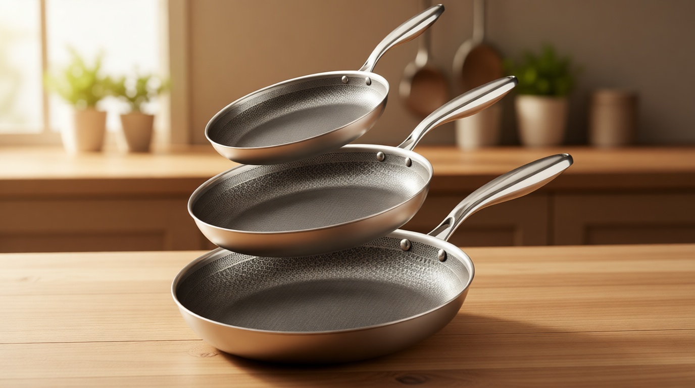 COOKER KING Stainless Steel Pans Set of 3 (8+10+12 Inch), Nonstick Frying Pans, Induction Pan Set, Chef's Pan, Skillets Dishwasher & Oven Safe, Stay-Cool Handles, Compatible with All Cooktops Recycled Claim Standard Blended