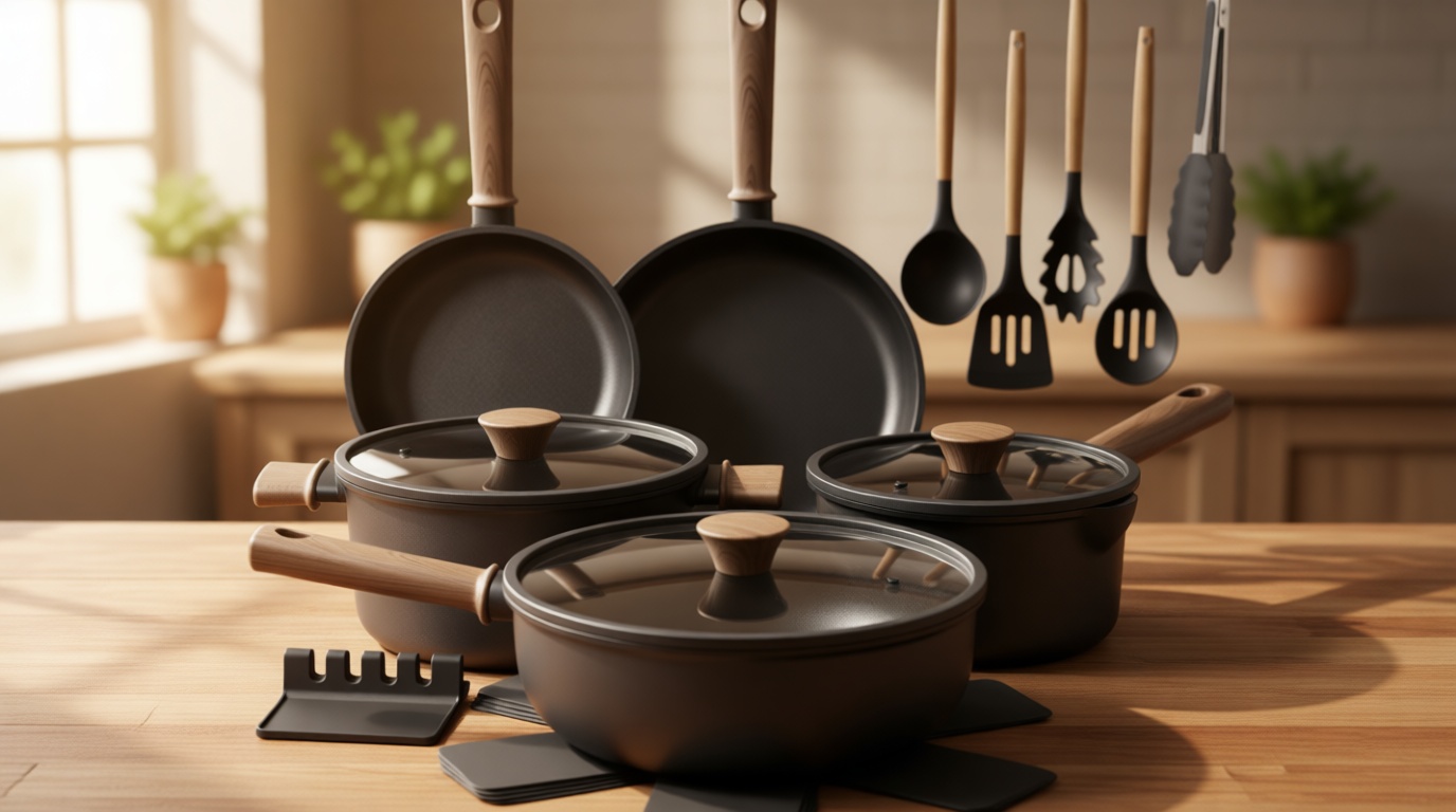 Astercook Non Stick Pots and Pans Set, Healthy Non-Toxic Titanium Induction Kitchen Cookware Sets for Cooking with Frying Pans, PFAS/PTFE/PFOA & PFOS Free, Black, 19 Pcs