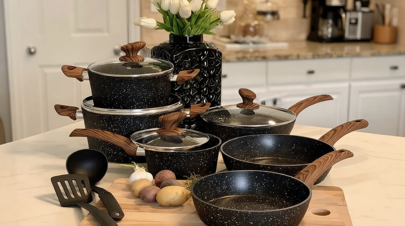 Kitchen Academy Induction Cookware Sets - 12 Piece Cooking Pan Set, Granite Black Nonstick Pots and Pans Set