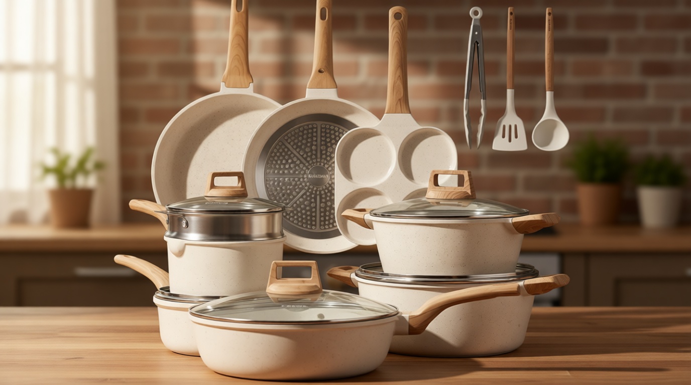 CAROTE 21Pcs Pots and Pans Set, Nonstick Cookware Sets, White Granite Induction Cookware Non Stick Cooking Set w/Frying Pans & Saucepans(PFOS, PFOA Free)