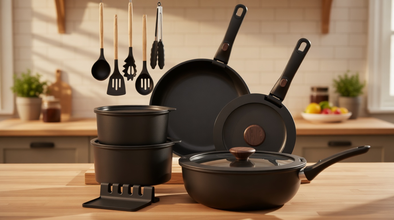 Astercook Non Stick RV Pots and Pans Ceramic Kitchen Cookware Set with Detachable/Removable Handle, Oven Safe, Induction Ready, Stackable, Black, 21 pcs