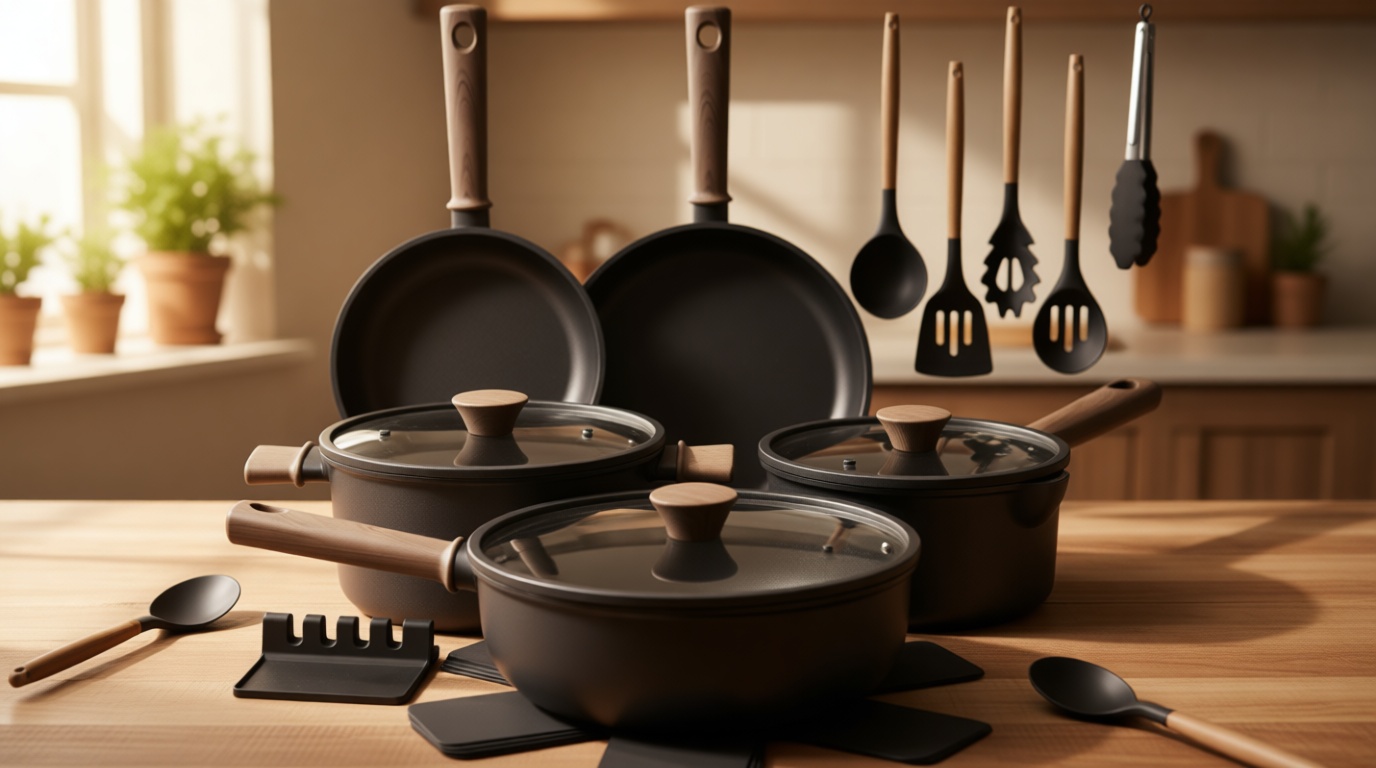 Astercook Non Stick Pots and Pans Set, Healthy Non-Toxic Titanium Induction Kitchen Cookware Sets for Cooking with Frying Pans, PFAS/PTFE/PFOA & PFOS Free, Black, 19 Pcs