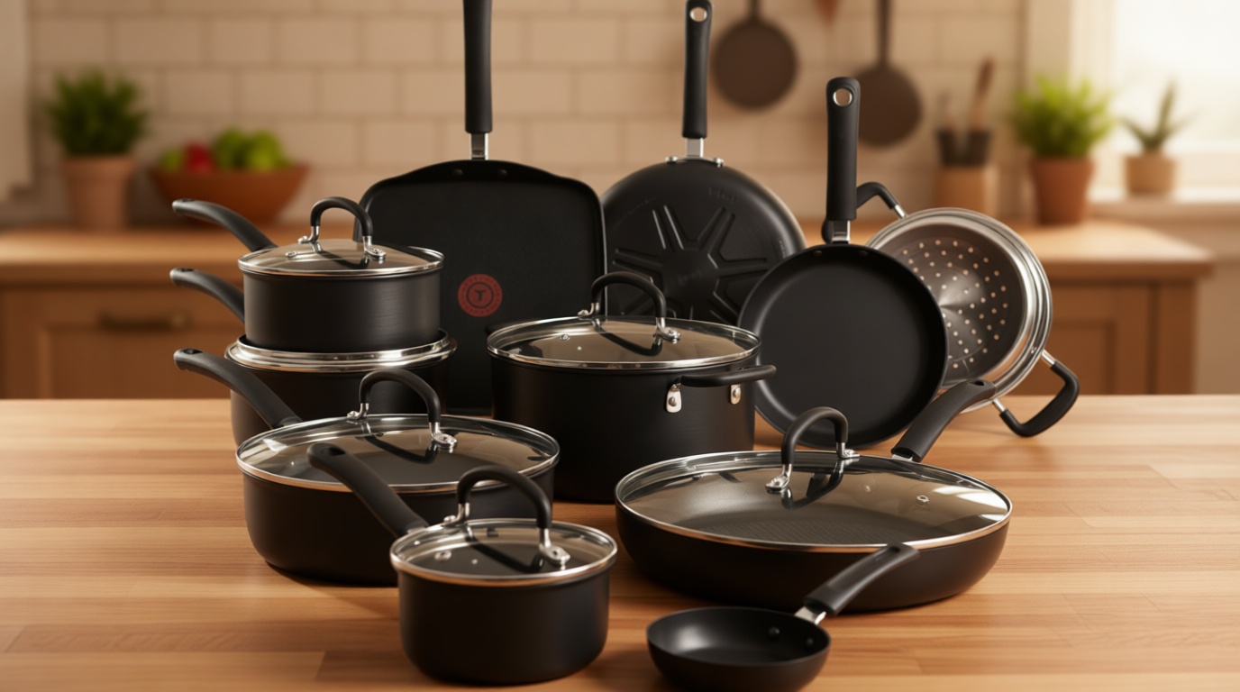 T-Fal Ultimate Hard Anodized Nonstick Pots and Pans Set 17 Piece, Nonstick Cookware Set with Fry Pan, Saucepans, Saute-Pan, Griddle, Dishwasher Safe, Onyx