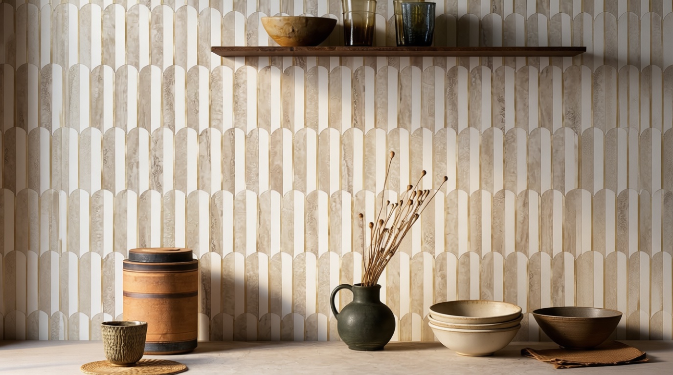 Vamos Peel and Stick Backsplash Seamless Tile for Kitchen and Bathroom,White and Beige Slate PVC Mixed Light Gold Self Adhesive Fish Scale Metal Mosaic Tiles (10 Sheets) ClimeCo Certified