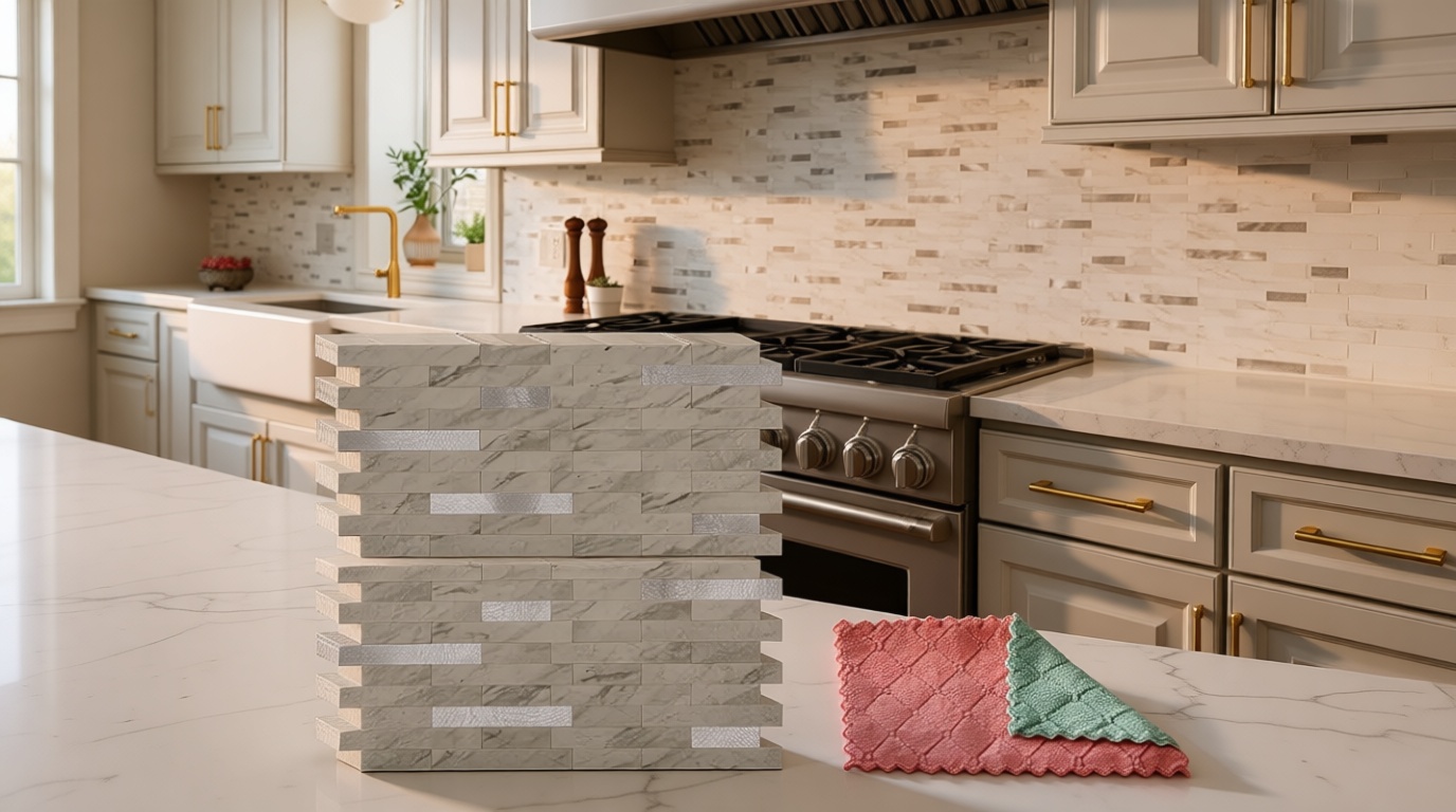 StyloVue 20 Sheets Peel and Stick Backsplash for Kitchen, White Marble with Metal Silver Look Stick on Tile Upgrade Your Kitchen Backsplash, RV, Fireplace