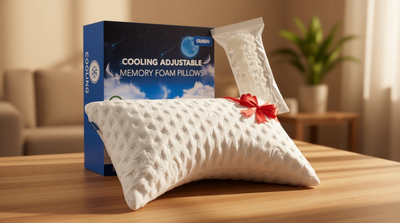 KUCEY Cooling Side Sleeper Pillow for Neck and Shoulder Pain, Luxury Shredded Memory Foam Curved Bed Pillows for Sleeping Set of 1- Adjustable Queen Size- Washable Cover Crescent White OEKO-TEX STANDARD 100