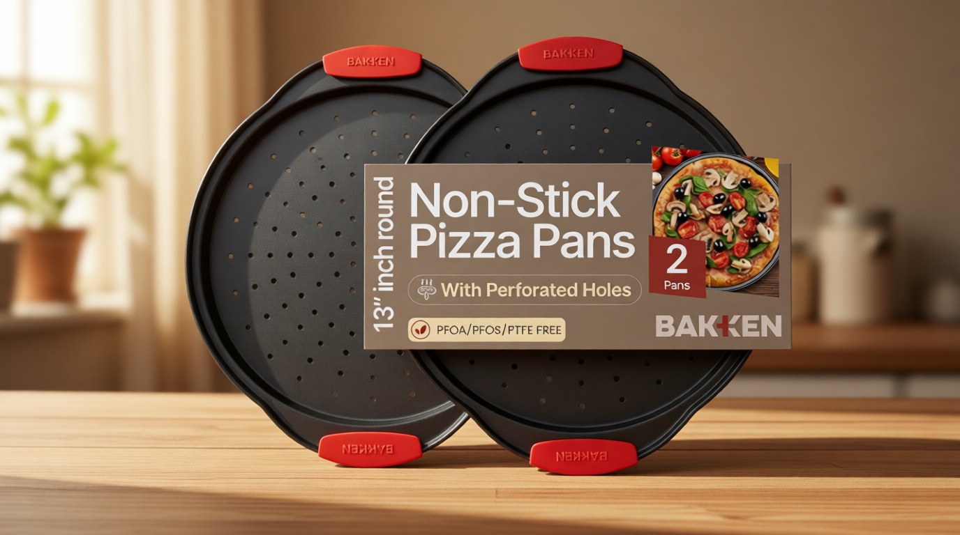 Bakken Pizza Baking Pan - Round Perforated Carbon Steel Pan with Non-Stick Marble Coating, Oversized Silicone Handle, Dishwasher Safe, High-Temperature Resistant, Durable & Easy Cleanup Black, 2 Pack