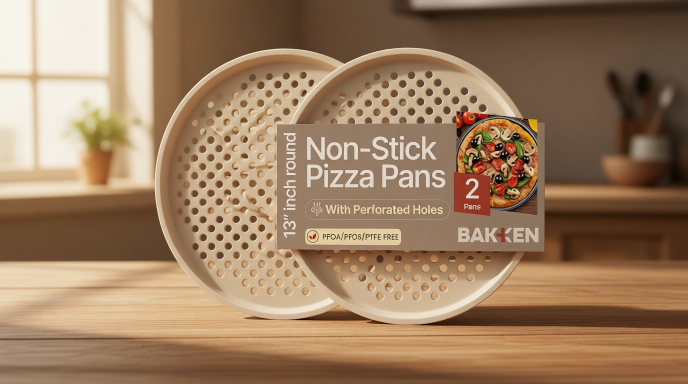 Bakken Pizza Baking Pan - Round Perforated Carbon Steel Pan with Non-Stick Marble Coating, Oversized Silicone Handle, Dishwasher Safe, High-Temperature Resistant, Durable & Easy Cleanup White, 2 Pack