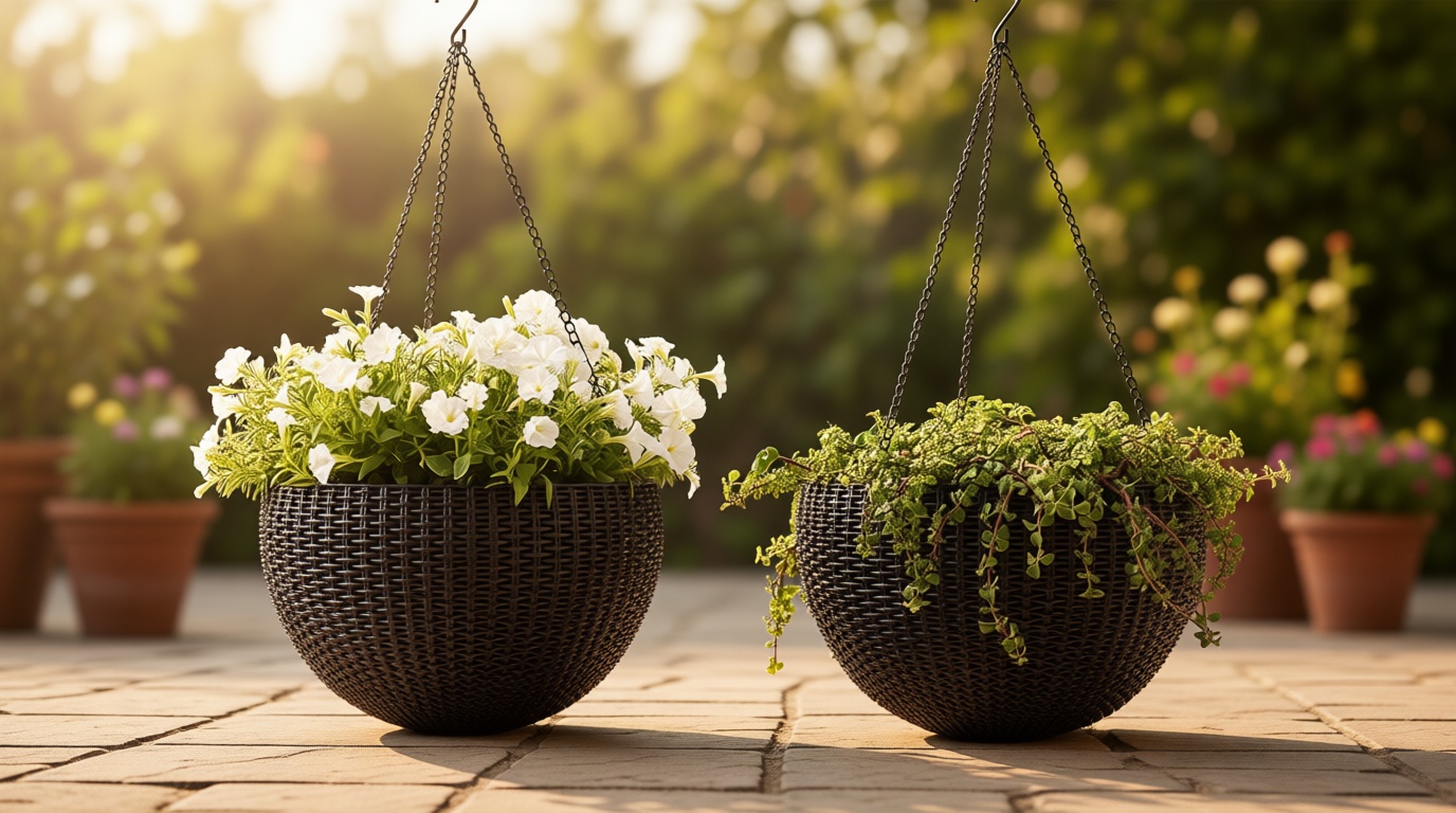 Keter Resin Rattan Set of 2 Round Hanging Planter Baskets for Indoor and Outdoor Plants-Perfect for Porches and Patio Decor, Graphite