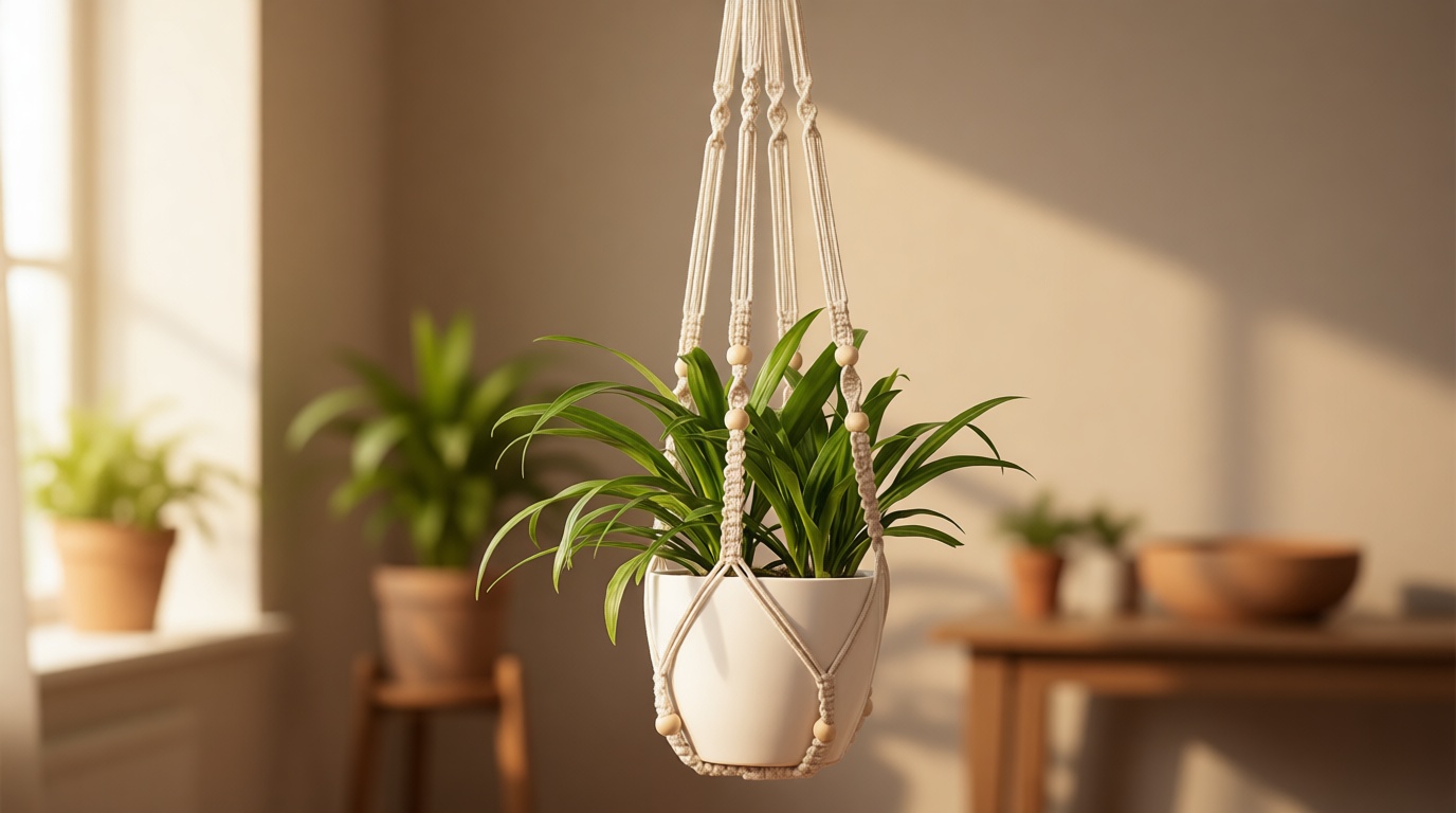 Mkono Macrame Plant Hanger Indoor Hanging Planter Basket with Wood Beads Decorative Flower Pot Holder No Tassels for Indoor Outdoor Boho Home Decor 35 Inch, Ivory, Set of 1 (POTS NOT Included)