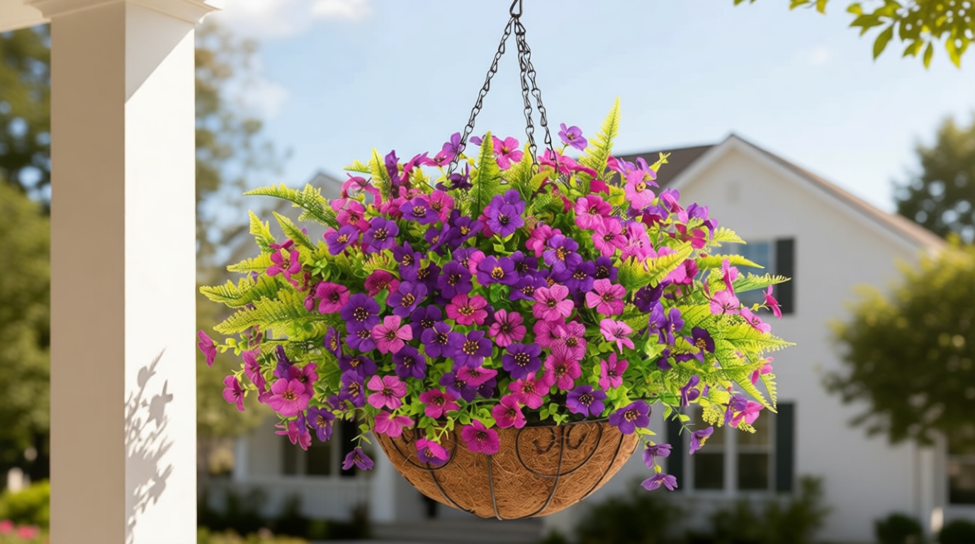 Artificial Flowers Hanging Baskets, Multicolor 12 Bundles Faux Flower with Ferns Outdoor Hanging Basket Spring Summer Decoration, Fake Flowers Plants for Porch Patio Balcony Home Yard Decor