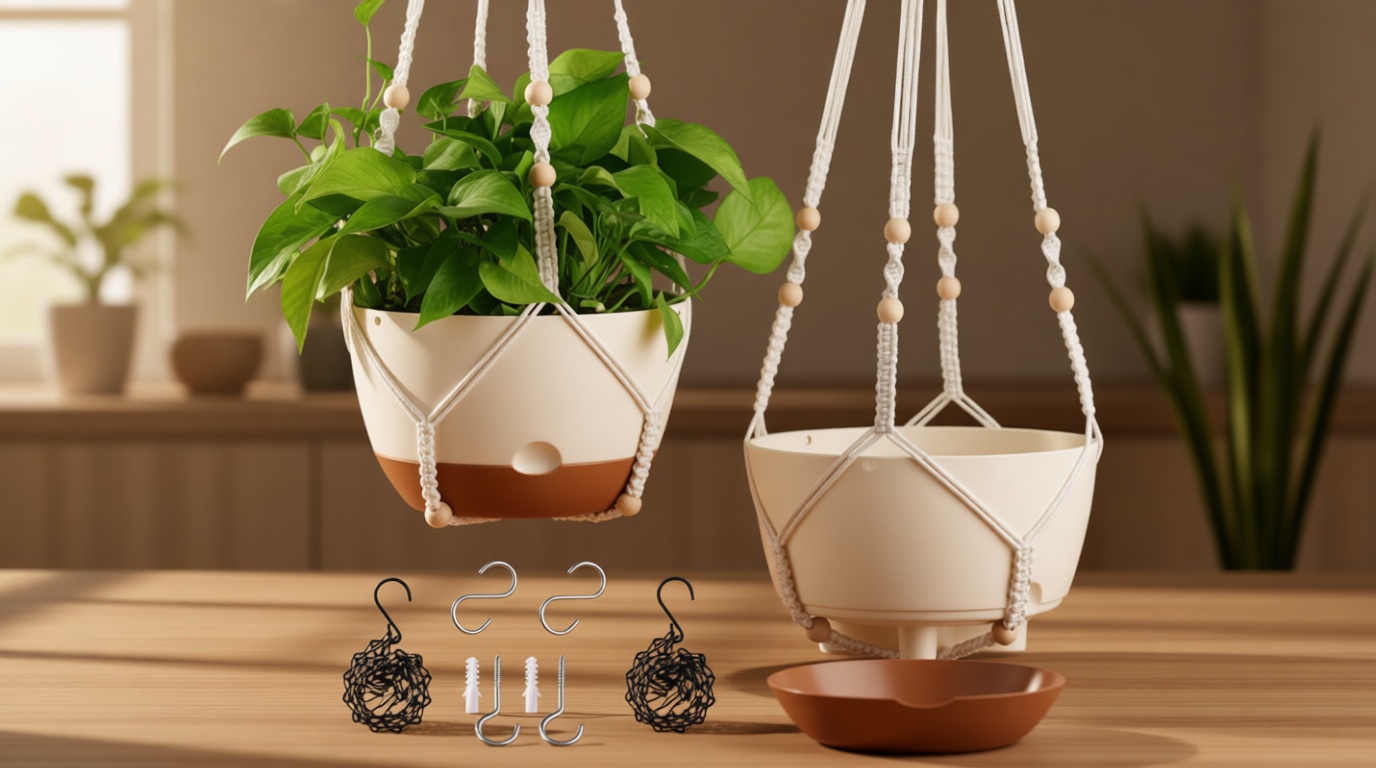 Set of 2-10 Inch Hanging Planters for Indoor Plants with Self-Watering Includes Hanging Pots for Plants, Outdoor Hanging Plant Pot with Drainage, and 2 Types of Hanging Baskets Hangers (White, 10inch)