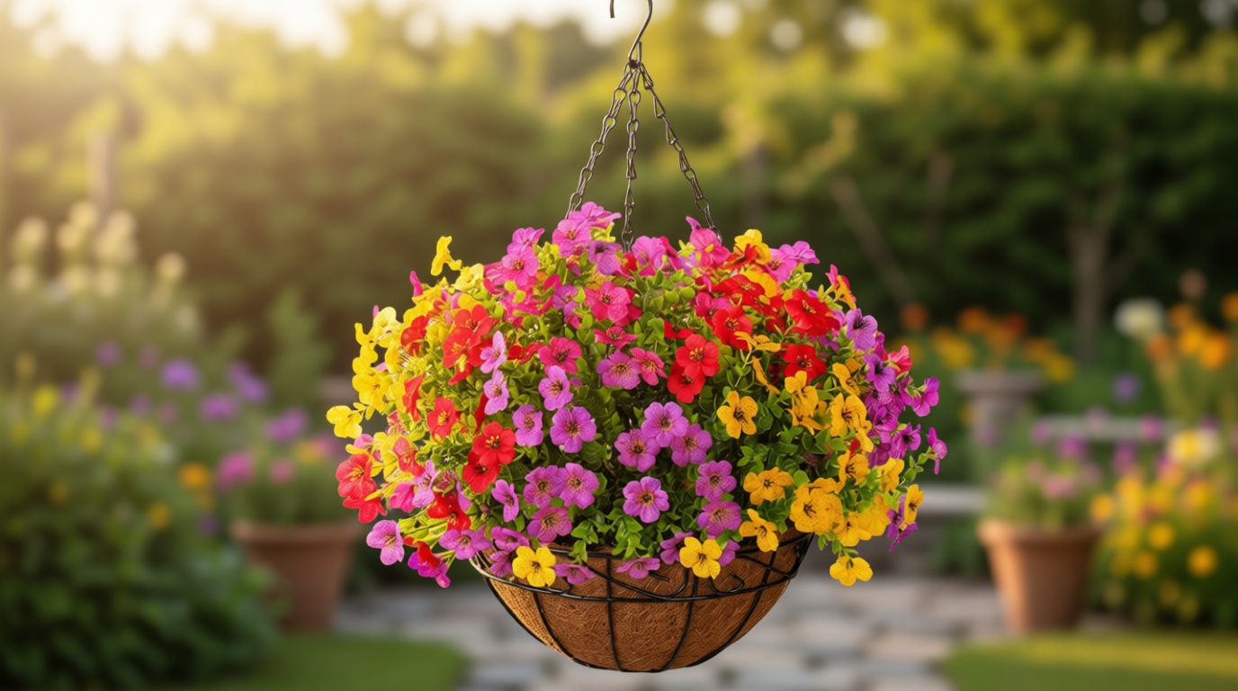 TDHDIKE Artificial Faux Fake Hanging Flowers Plants Basket for Summer Outdoor Outside Decoration UV Resistant Fake Silk Colorful Daisy Eucalyptus for Porch Patio Balcony Yard Garden Home Decor