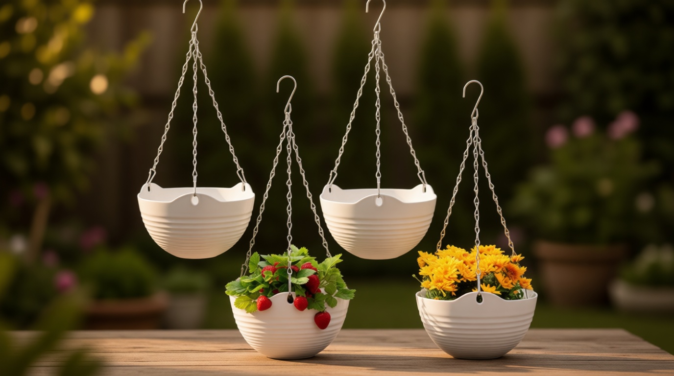 Bvrbaory 4 Pack 8 inch White Hanging Planters,Self-Watering Indoor Outdoor Plant Pots,Round Hanging Basket with Water Tray Metal Chain for Garden,Porch,Wall Decoration