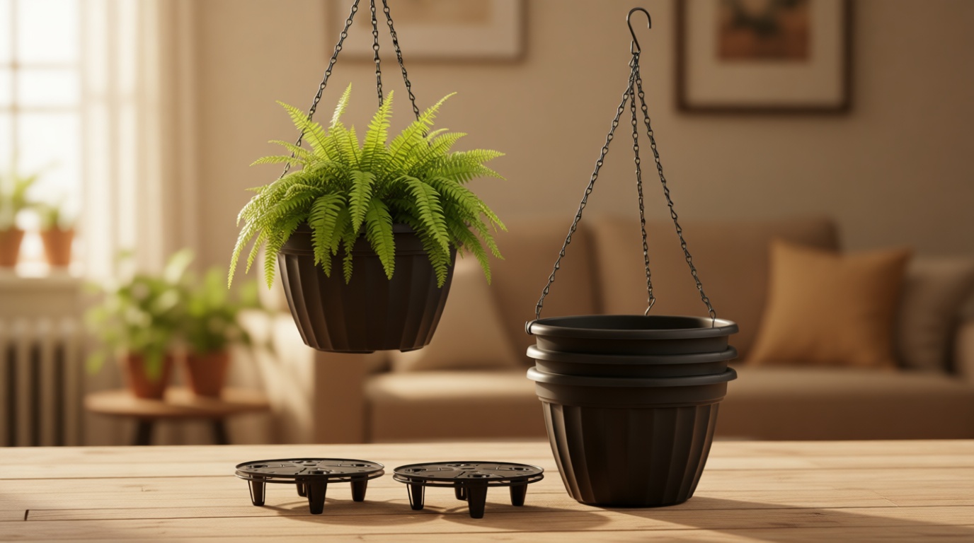 FGstyle Hanging Planters 10 Inch, 4 Pcs Self Watering Pots for Indoor Plants,Plastic Hanging Basket with Soil Elevator and 20" Chain for Home Garden Porch Balcony Patio Decor(Black)