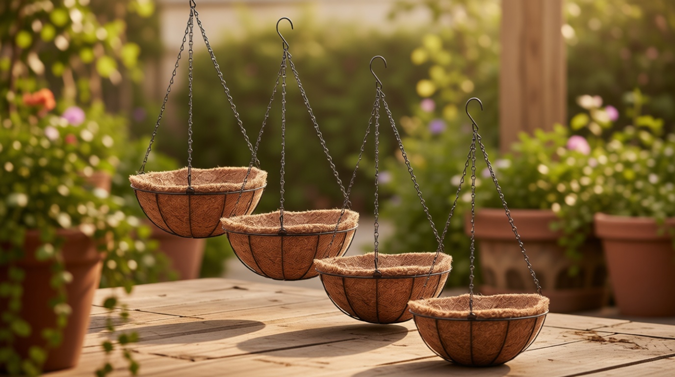 EIMQUVW 4 Pack Hanging Planter Basket with Coco Coin Liner 8 inch Hanging Flower Pots Outdoor Decorative Round Wire Plant Holder with Chain Metal Hanging Baskets for Plants Outdoor