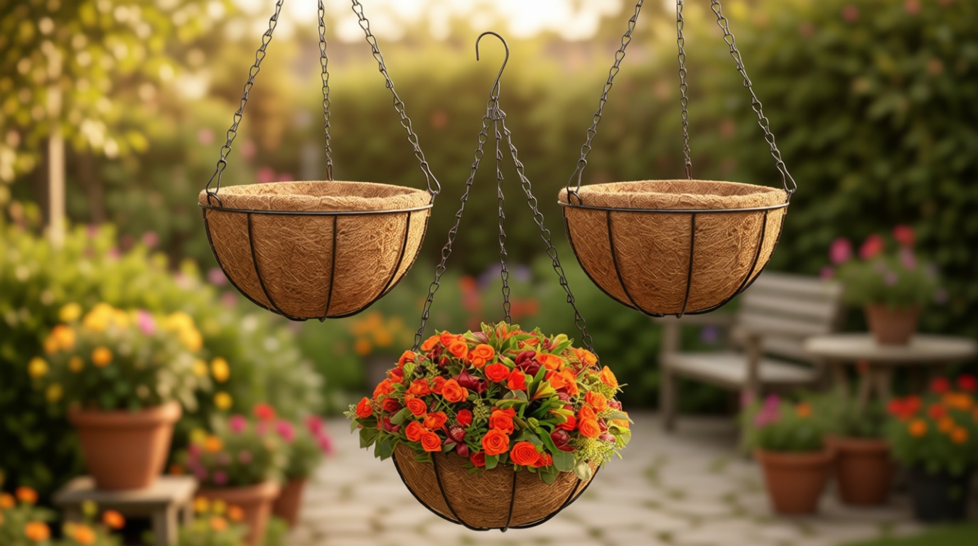 ZeeDix 3 Pack 12 Inch Outdoor Hanging Baskets, Metal Wire Hanging Planters with Coconut Liners, Round Hanging Baskets for Plants Flowers Ferns Home Garden Porch Balcony Railings Decor