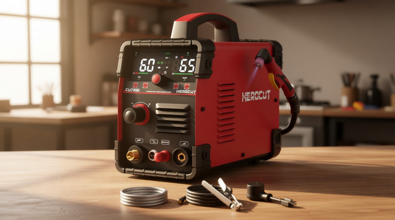 Plasma Cutter, 65Amps HEROCUT Plasma Cutter Machine CUT65i, Non-Touch Pilot Arc, 110/220V Dual Voltage IGBT Inverter, Screen Display, Air Sensor, 20mm Max Cutting Thickness, 2T/4T for Beginners DIY