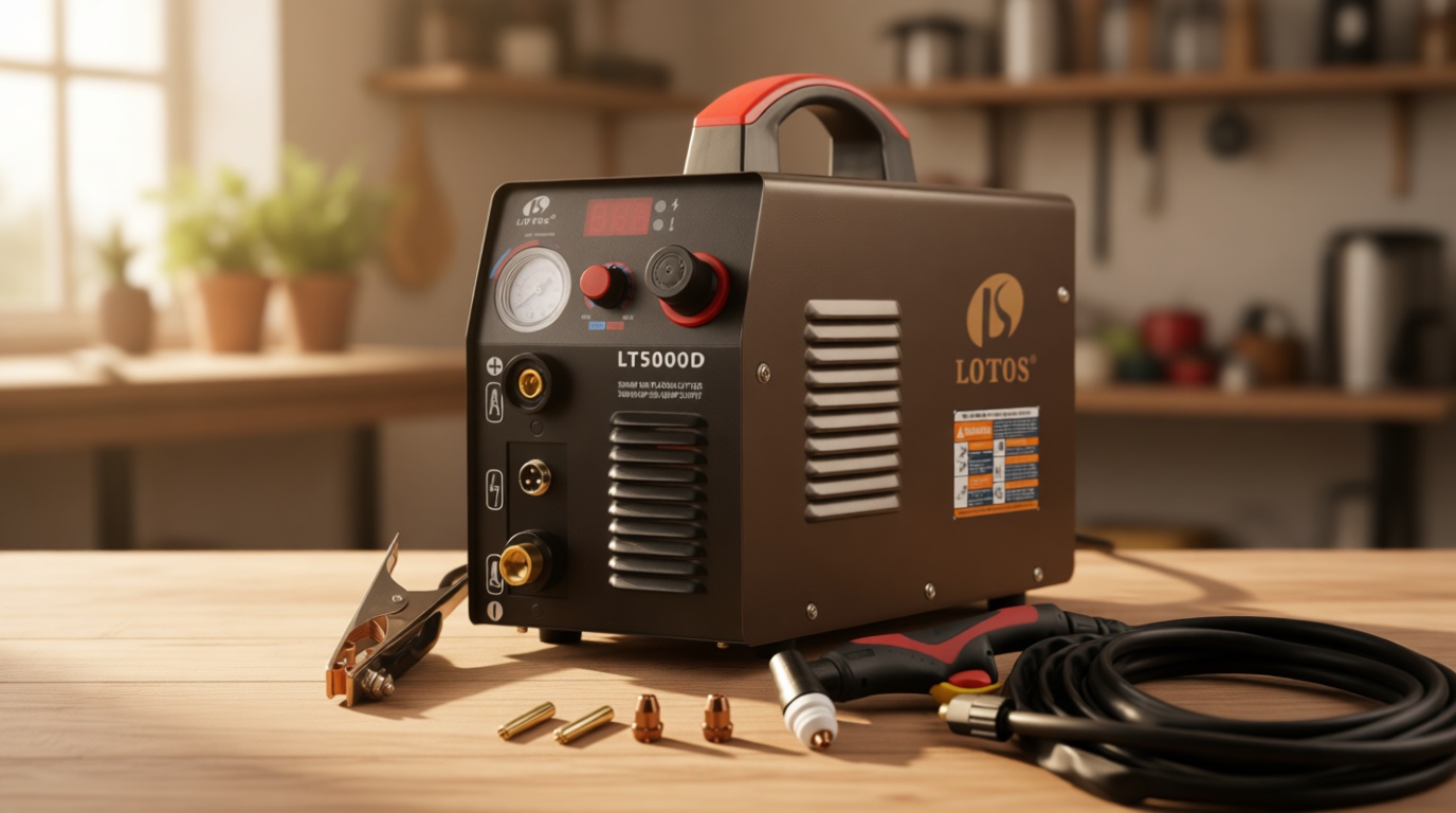 LOTOS LT5000D Plasma Cutter, 2024 Upgraded 5/8 inch 16mm Clean Cut 3/4 inch 20mm Severance Cut 50A Plasma Metal Cutter Machine, Plasma Cutting Equipment, Dual Voltage 120V or 240V, Brown