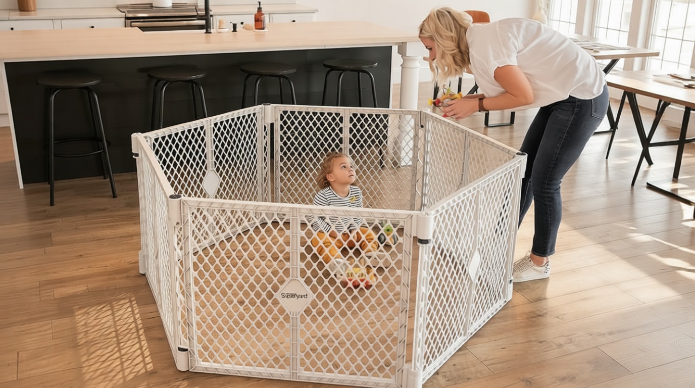 Toddleroo by North States - Superyard Baby Play Yard: Freestanding 6-Panel Baby Playpen - Indoor or Outdoor Use - Made in USA - Encloses Up to 18.5 Square Feet - 26 Inches Tall - Light Gray