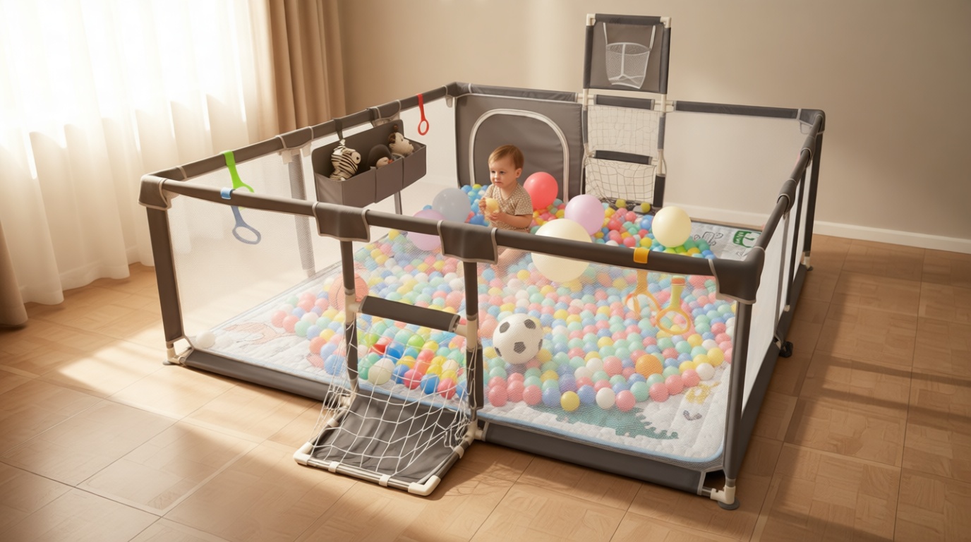 Playpen for Babies and Toddlers,73"x71"Baby Playpen with Mat Indoor＆Outdoor with Breathable Play Pen with Ocean Balls Hanging Pocket Basketball Hoop and Football Goal (Grey with Mat, 73"x71")