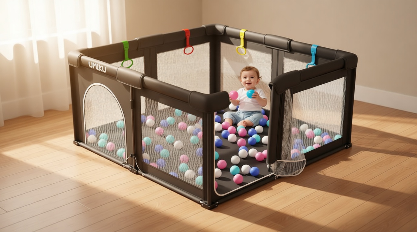 Baby Playpen Foldable Playpen for Babies and Toddlers, Large Playpens Portable Play Pen Play Yard for Kids Fence Indoor Outdoor Travel 4 Handlers 50 Balls Baby Gifts Essentials 50"X50" Dark Grey