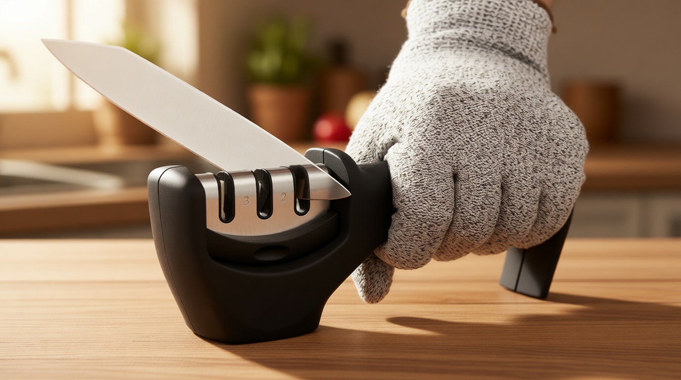 4-in-1 Kitchen Knife Accessories: 3-Stage Knife Sharpener Helps Repair, Restore, Polish Blades and Cut-Resistant Glove (Black)