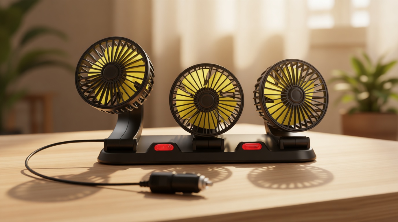 Portable 3-Head Car Cooling Fan - 2-Speed Adjustable, 360° Rotating, Cigarette Lighter Plug, Powerful Airflow for Vehicles, RVs, and SUVs