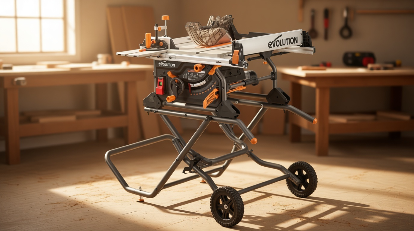 Evolution R10TBLX 10" Jobsite Table Saw with Wheeled Scissor Stand