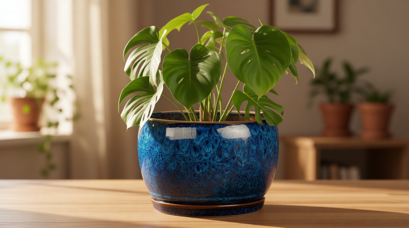 SQOWL 10 Inch Plant Pot - Ceramic Planter Pot with Drainage Hole and Saucer, Decorative Plant Pot for Indoor Outdoor Plants, Round Large Planter Flower Pot, Blue