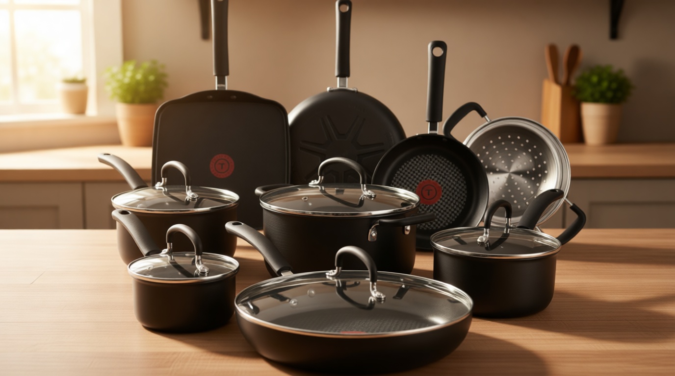 T-fal Ultimate Hard Anodized Nonstick Pots and Pans Set 14 Piece, Oven Broiler Safe 400F, Kitchen Cooking Set w/Fry Pans, Saucepans, Griddle, Dutch Oven, Dishwasher Safe, Cookware, Onyx