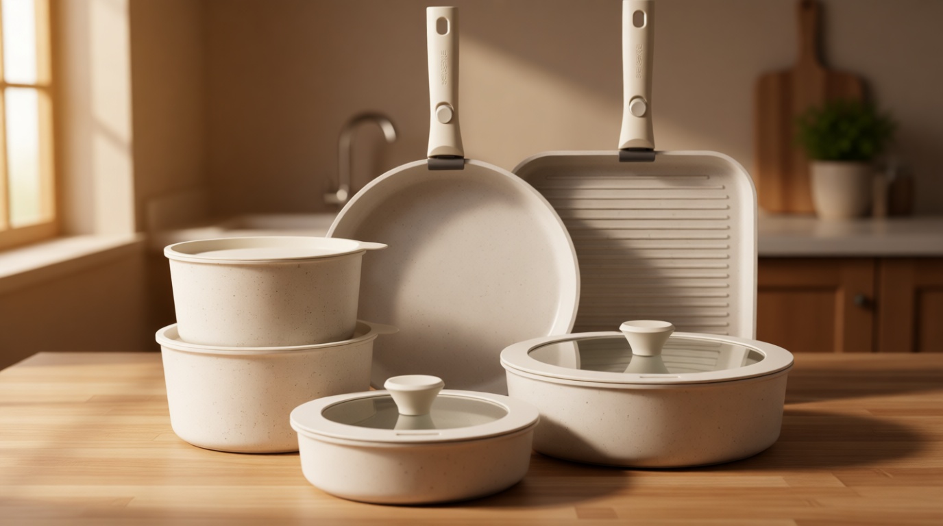 SENSARTE 17 Piece Pots and Pans Set, Nonstick Detachable Handle Cookware Set, Induction Kitchen Cookware Set with Removable Handle, Healthy Non Stick for RV, Dishwasher ＆ Oven Safe, PFOA Free (White)