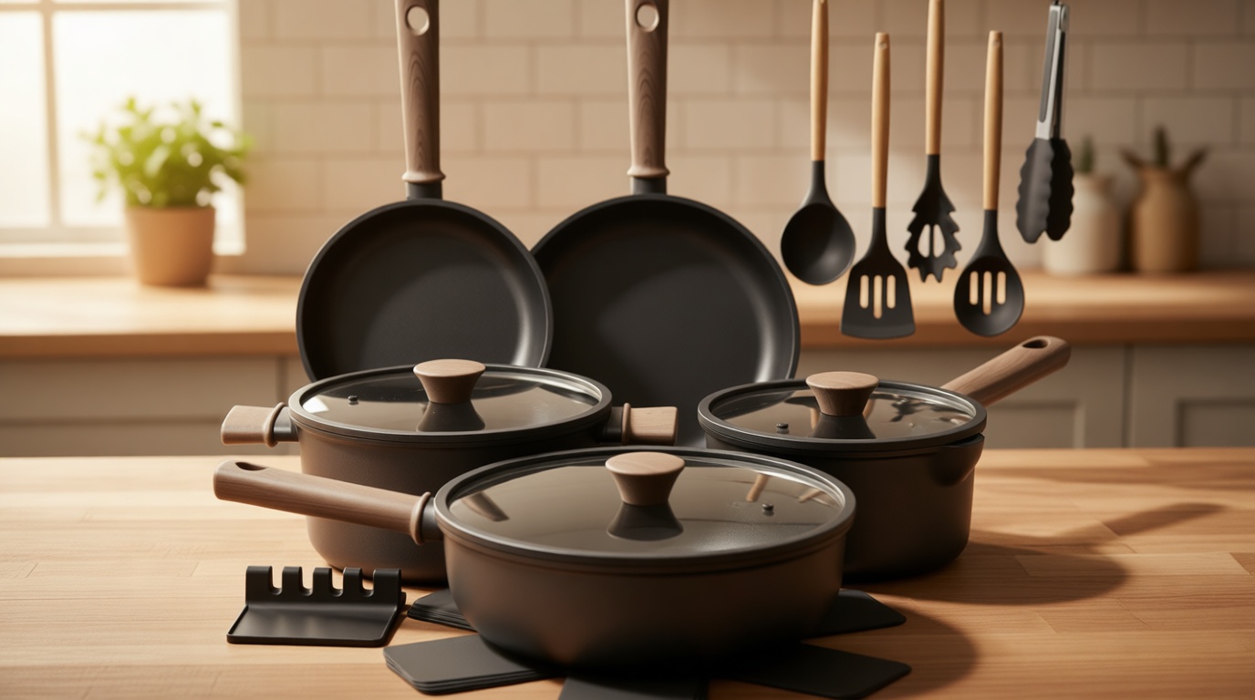 Astercook Non Stick Pots and Pans Set, Healthy Non-Toxic Titanium Induction Kitchen Cookware Sets for Cooking with Frying Pans, PFAS/PTFE/PFOA & PFOS Free, Black, 19 Pcs