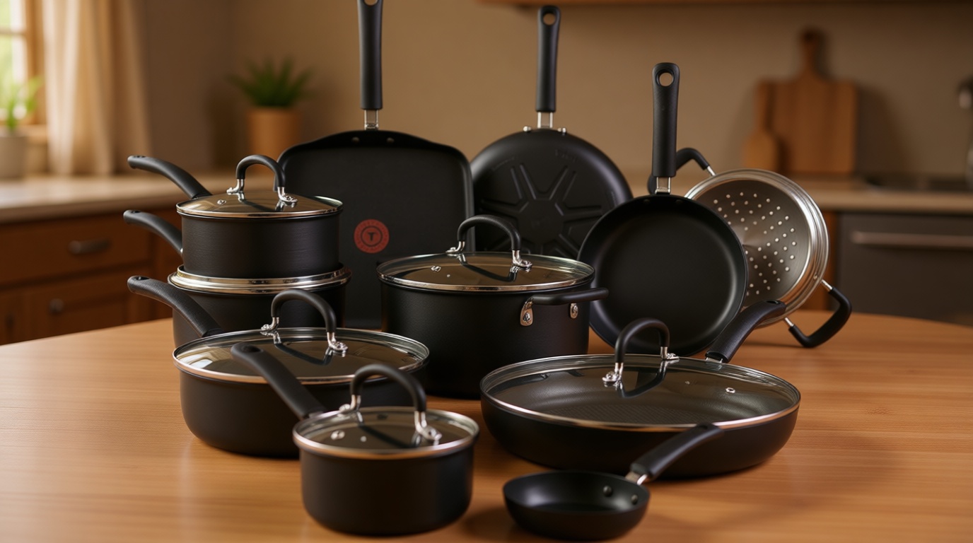T-Fal Ultimate Hard Anodized Nonstick Pots and Pans Set 17 Piece, Nonstick Cookware Set with Fry Pan, Saucepans, Saute-Pan, Griddle, Dishwasher Safe, Onyx