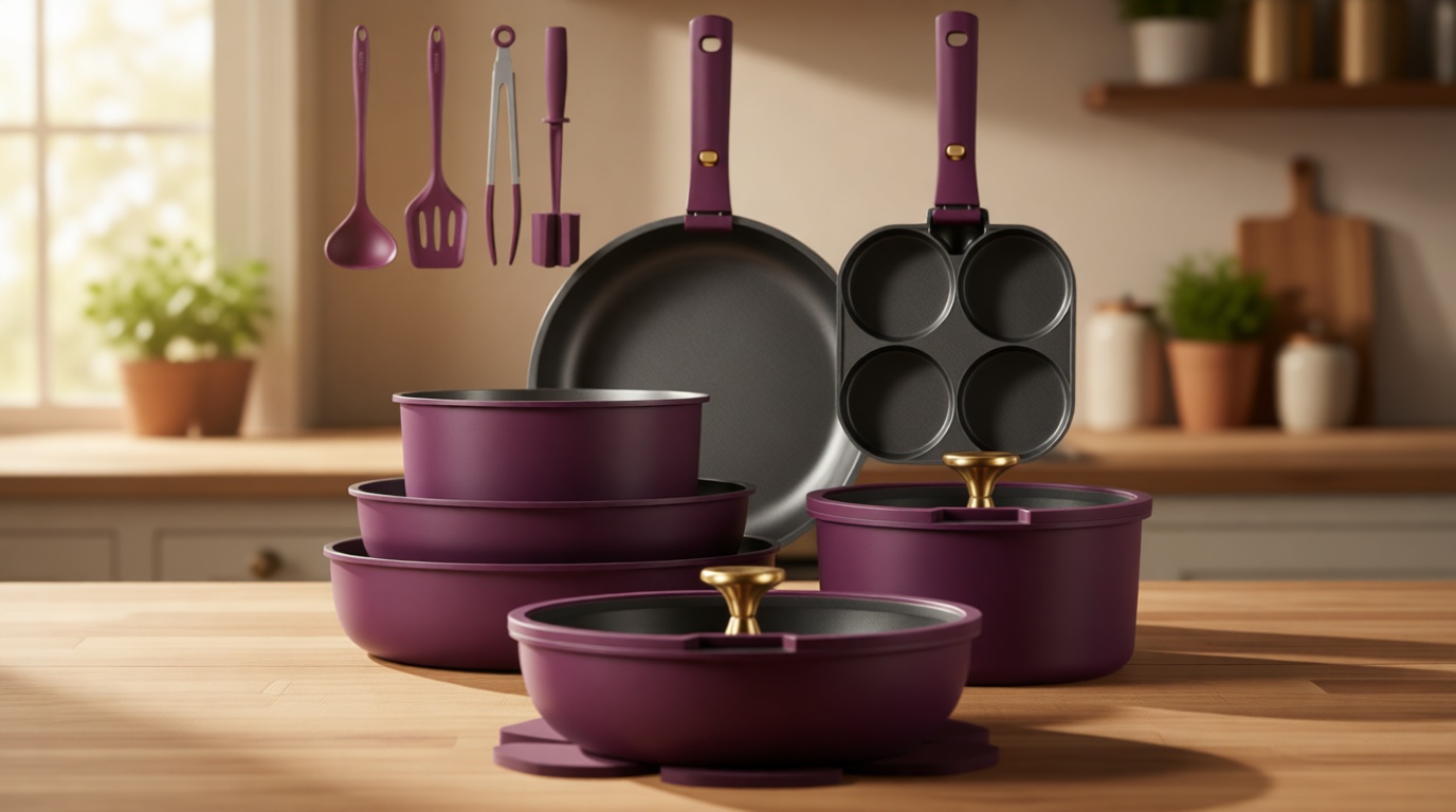 CAROTE 21pcs Pots and Pans Set, Nonstick Cookware Set Detachable Handle, Induction Kitchen Cookware Sets Non Stick with Removable Handle, RV Cookware Set, Gold and Purple