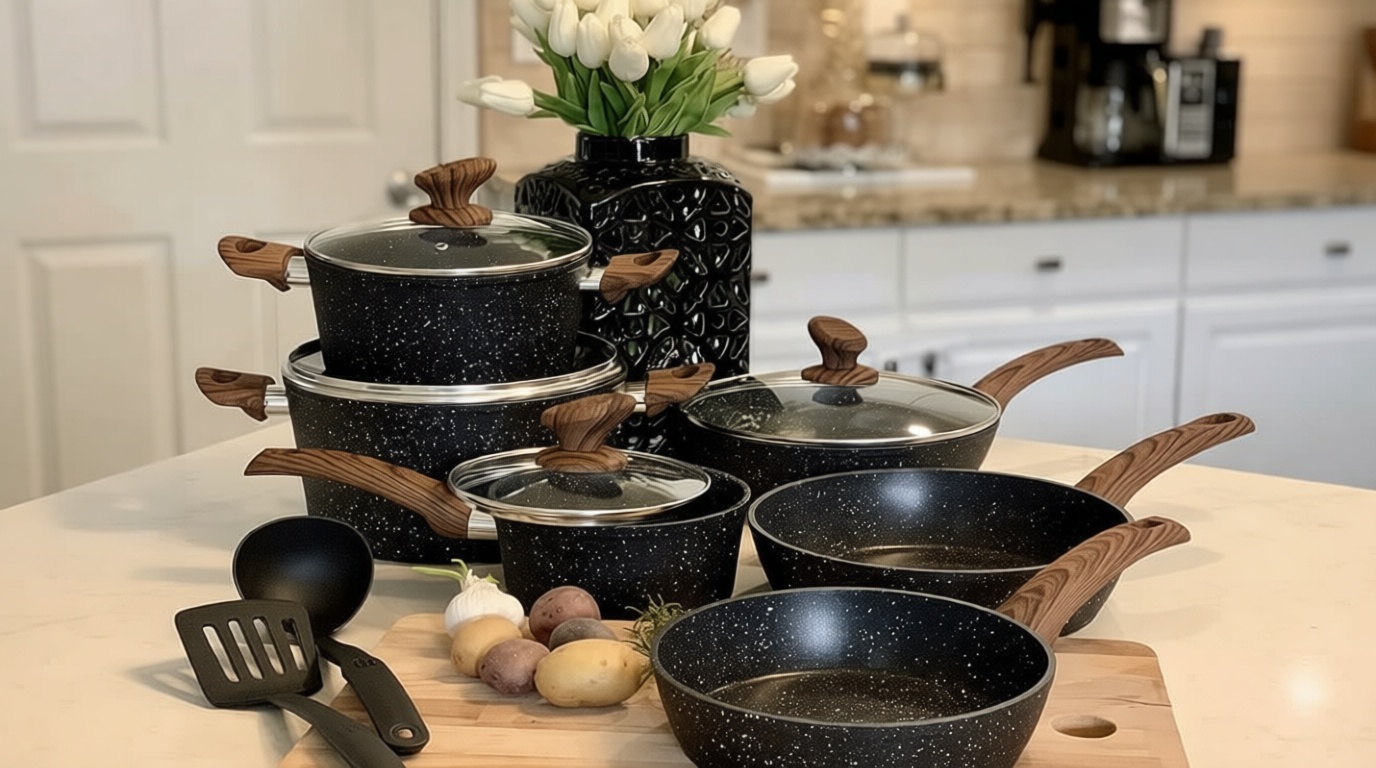 Kitchen Academy Induction Cookware Sets - 12 Piece Cooking Pan Set, Granite Black Nonstick Pots and Pans Set