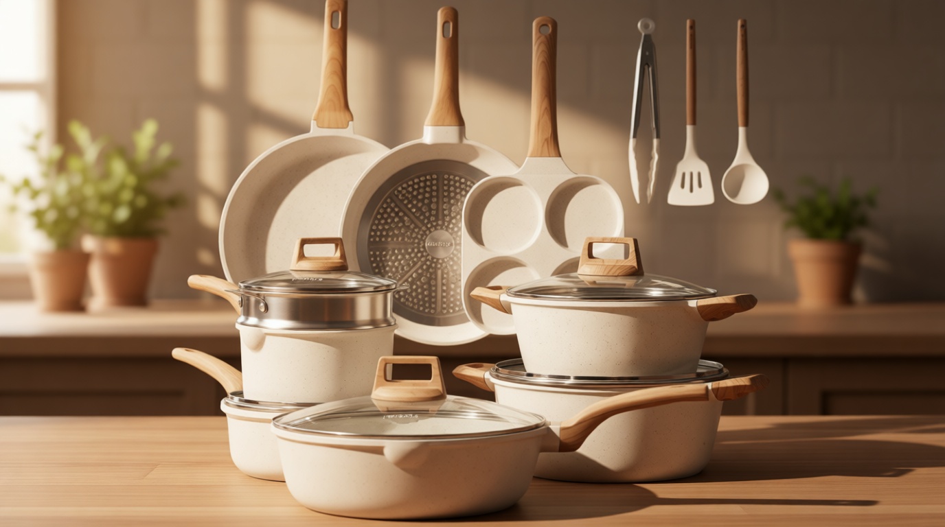 CAROTE 21Pcs Pots and Pans Set, Nonstick Cookware Sets, White Granite Induction Cookware Non Stick Cooking Set w/Frying Pans & Saucepans(PFOS, PFOA Free)