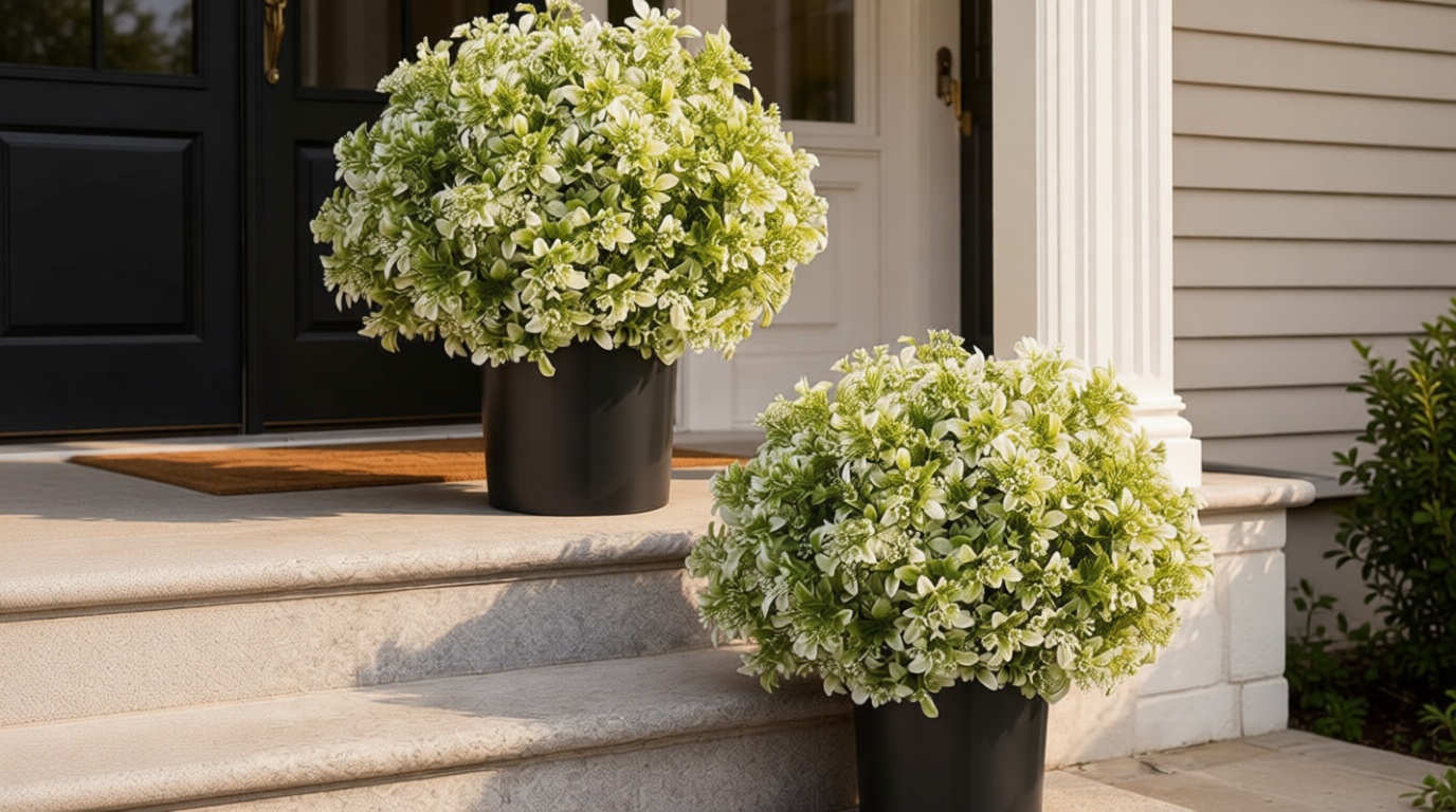 Set of 2 Artificial Boxwood Topiary Ball Trees for Front Door - Realistic Faux Aglaia Odorata Bush with Pot, Fake Eucalyptus Leaves Potted Plants for Porch Farmhouse Outdoor Decor (White-Green)