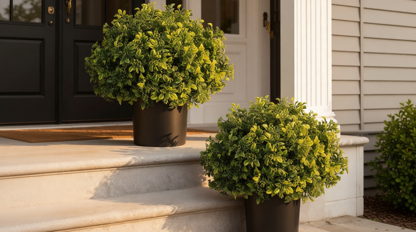 Set of 2 Artificial Boxwood Topiary Ball Trees for Front Door - Realistic Faux Aglaia Odorata Bush with Pot, Fake Eucalyptus Leaves Potted Plants for Porch Farmhouse Outdoor Decor (Green)