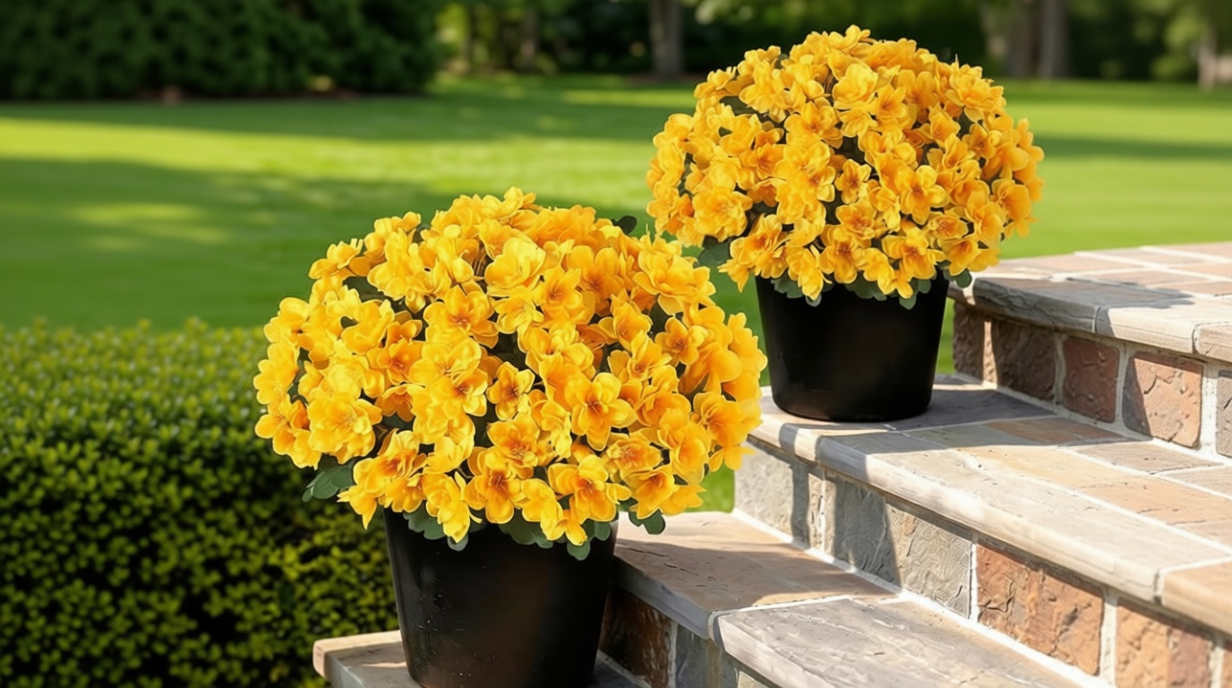 YXZZWL Set of 2 Artificial Azalea Flower Topiary Trees - Fake Silk Flower Potted Plants, Sun-Resistant Faux Outdoor Azalea Bushes for Front Door, Garden, Yard, Farmhouse Decor (Yellow)