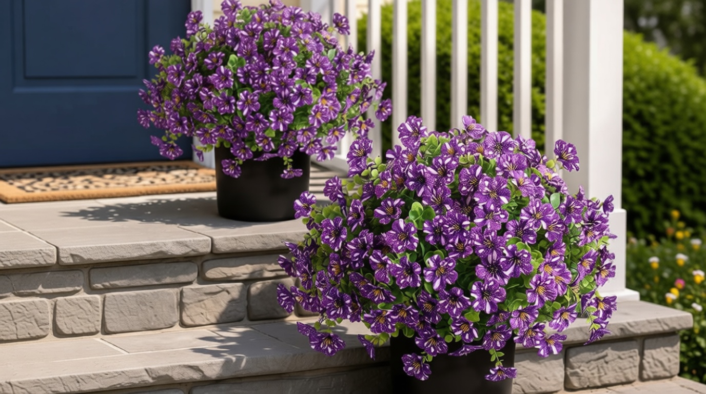 Artificial Morning Glory & Eucalyptus Topiary Trees - Set of 2 Faux Silk Flower Potted Plants, UV-Resistant Fake Outdoor Morning Glory Bushes for Front Door, Yard, Farmhouse, Garden Decor (Purple)