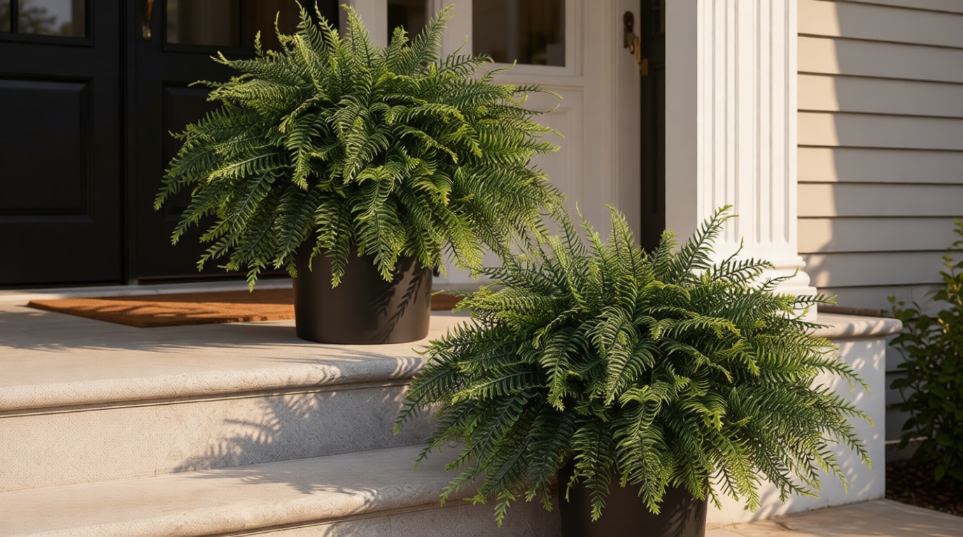 FOTEEWL Artificial Ferns Potted Plant for Front Door Decoration - 2 Sets UV Resistant Realistic Bush Faux Greenery Fern Potted Fake Plants for Home Garden Porch Farmhouse Decor