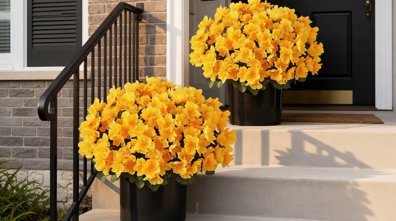 Juxdp 2 Sets of Artificial Camellia Topiary Ball Trees - Fake Flower Potted Plants, UV Resistant Faux Camellia Potted Bushes for Front Door, Farmhouse, Porch, Garden, Outdoor Decoration (Yellow)