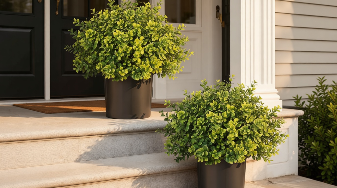 Set of 2 Artificial Boxwood Topiary Trees for Front Door - Faux Realistic Greenery Potted Plants, Fake Outdoor UV-Resistant Bushes with Pots for Porch,Farmhouse,Home,Garden Decor