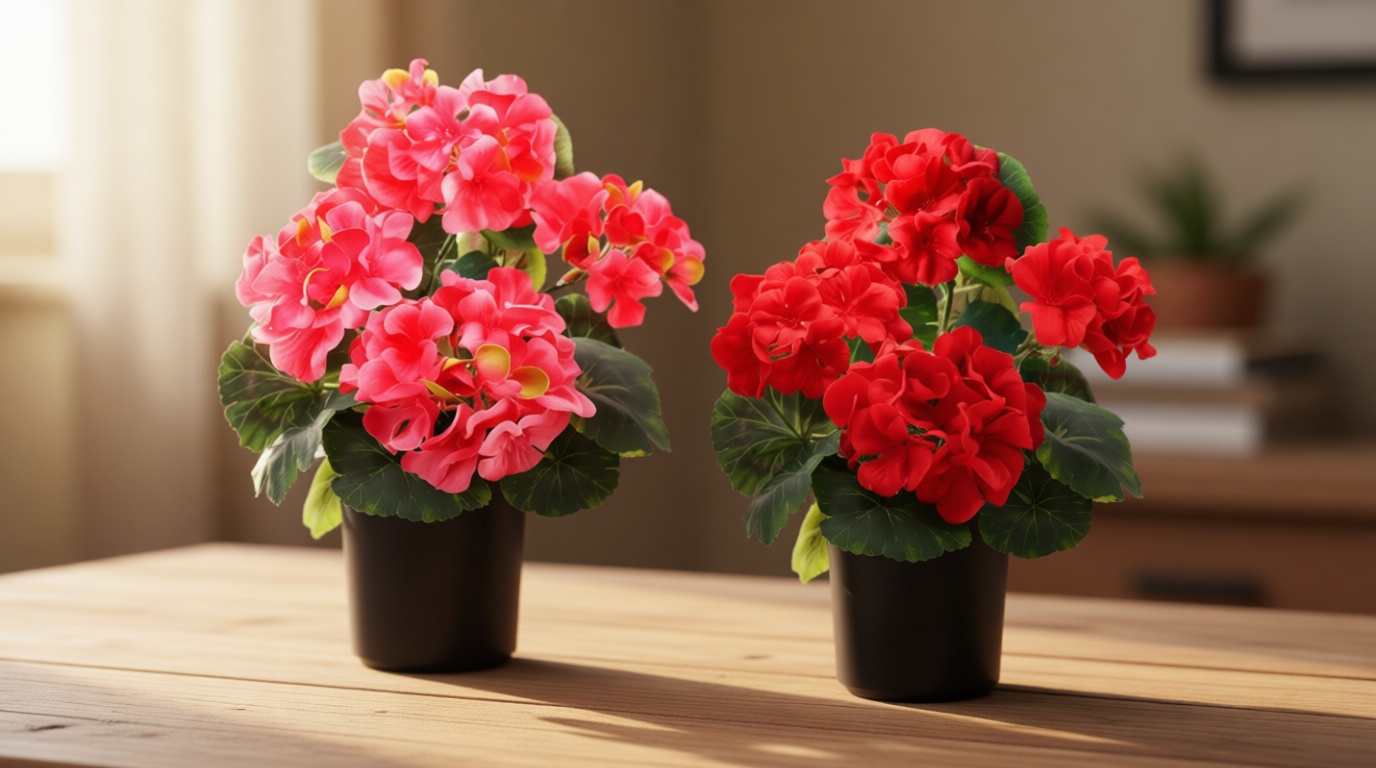 TURNMEON 2 Pack Artificial Geranium Fake Flowers for Outdoors Spring Summer Decor, Silk Geraniums Flowers UV Resistant Faux Flower Potted Plants for Gardens Farmhouse Indoor Home Table Decor (Mixed)