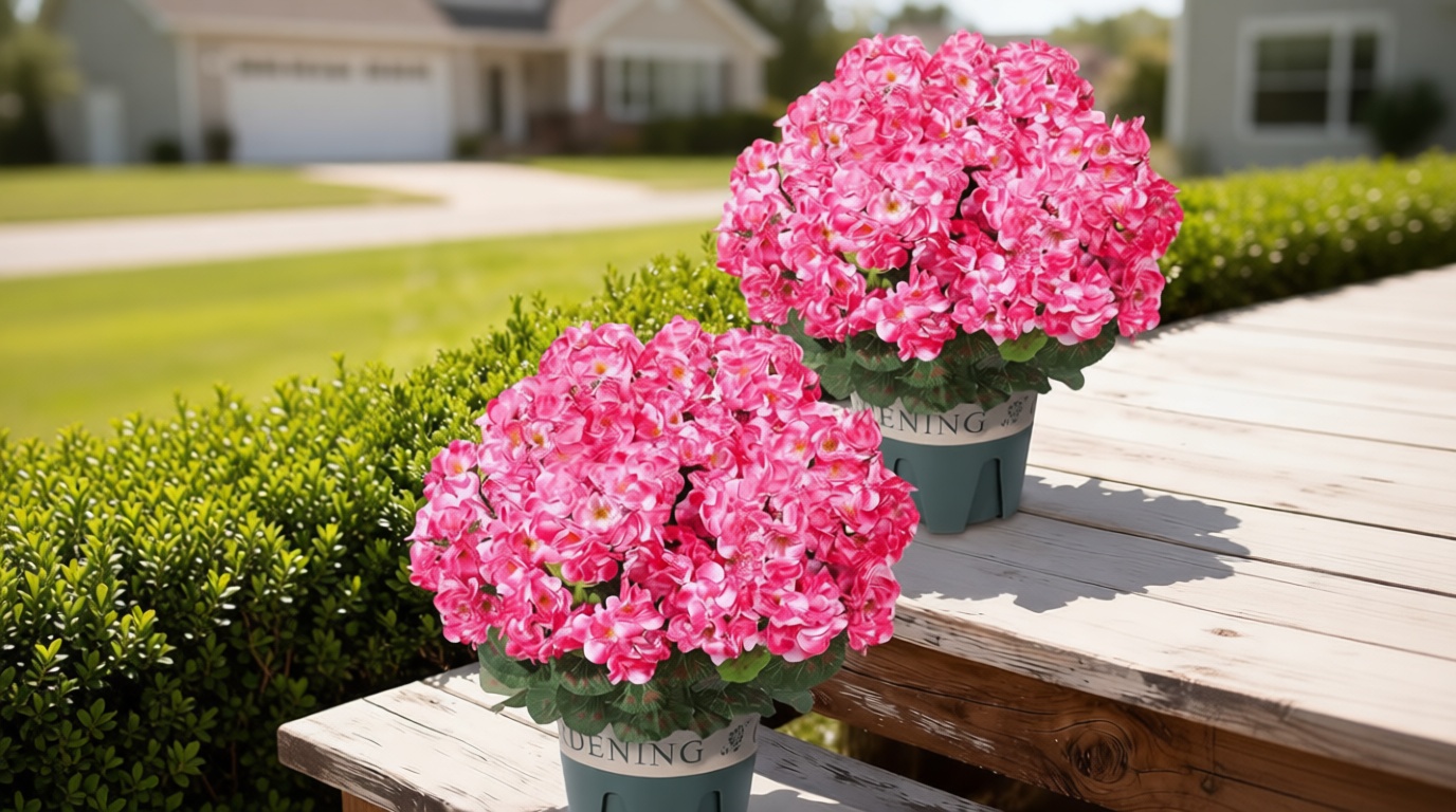 Geraniums Artificial Flowers for Outdoors, 2 Pack Potted Plants Pink Faux Geraniums Bush Artificial Topiaries Realistic UV Resistant Fake Flowers Plants for Planters Outside Gardens Front Door Indoor