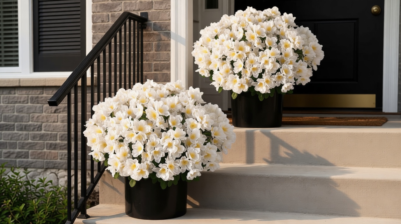 Juxdp 2 Sets of Artificial Camellia Topiary Ball Trees - Fake Flower Potted Plants, UV Resistant Faux Camellia Potted Bushes for Front Door, Farmhouse, Porch, Garden, Outdoor Decoration (White)