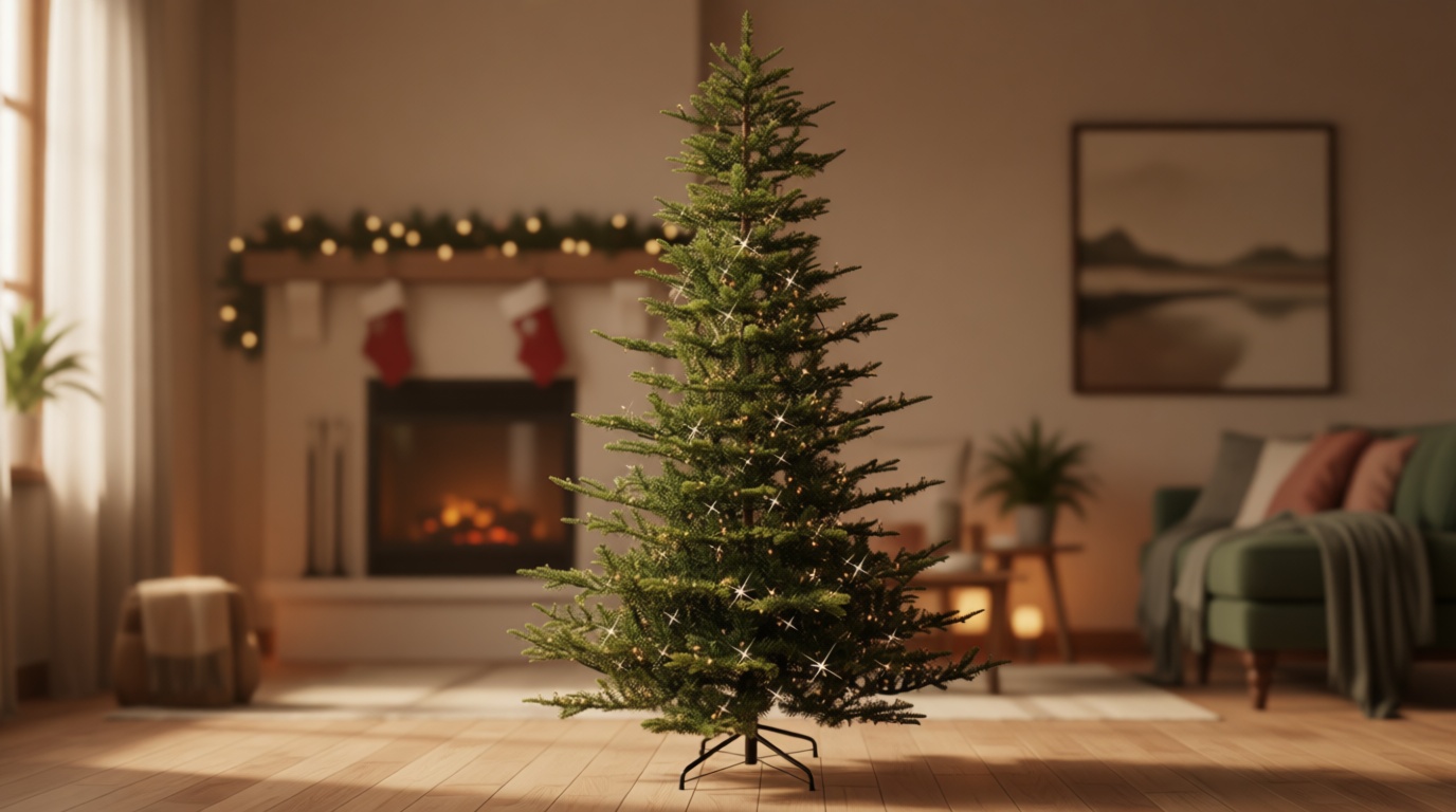 Puleo International 7.5ft Pre-Lit Aspen Fir Artificial Christmas Tree with 700 Clear Lights, 1319 Realistic Dense Branch Tips, Easy Setup Artificial Trees with Sturdy Metal Stand